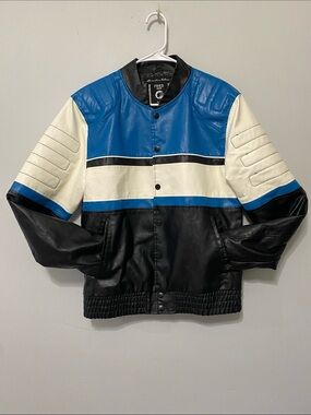 Fried Denim NYC colorblock faux leather jacket in blue, white & Black MEDIUM